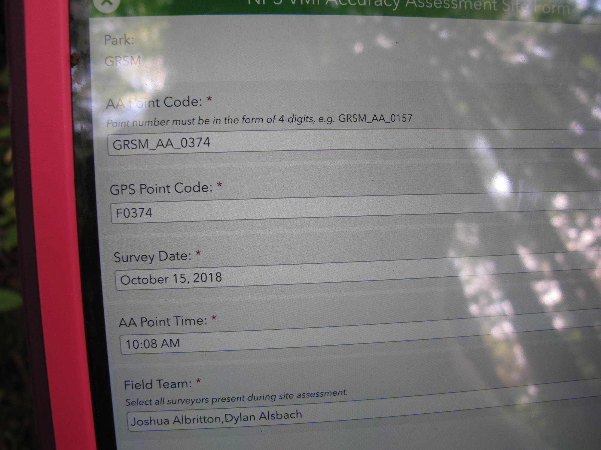 GRSM Accuracy Assessment. Plot Code: GRSM_AA_0374_1