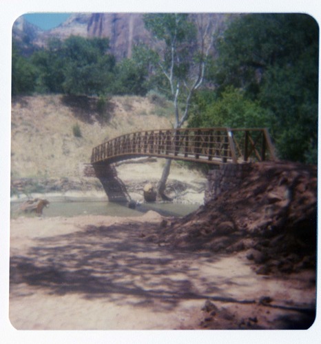 The new Zion Lodge footbridge during emplacement.