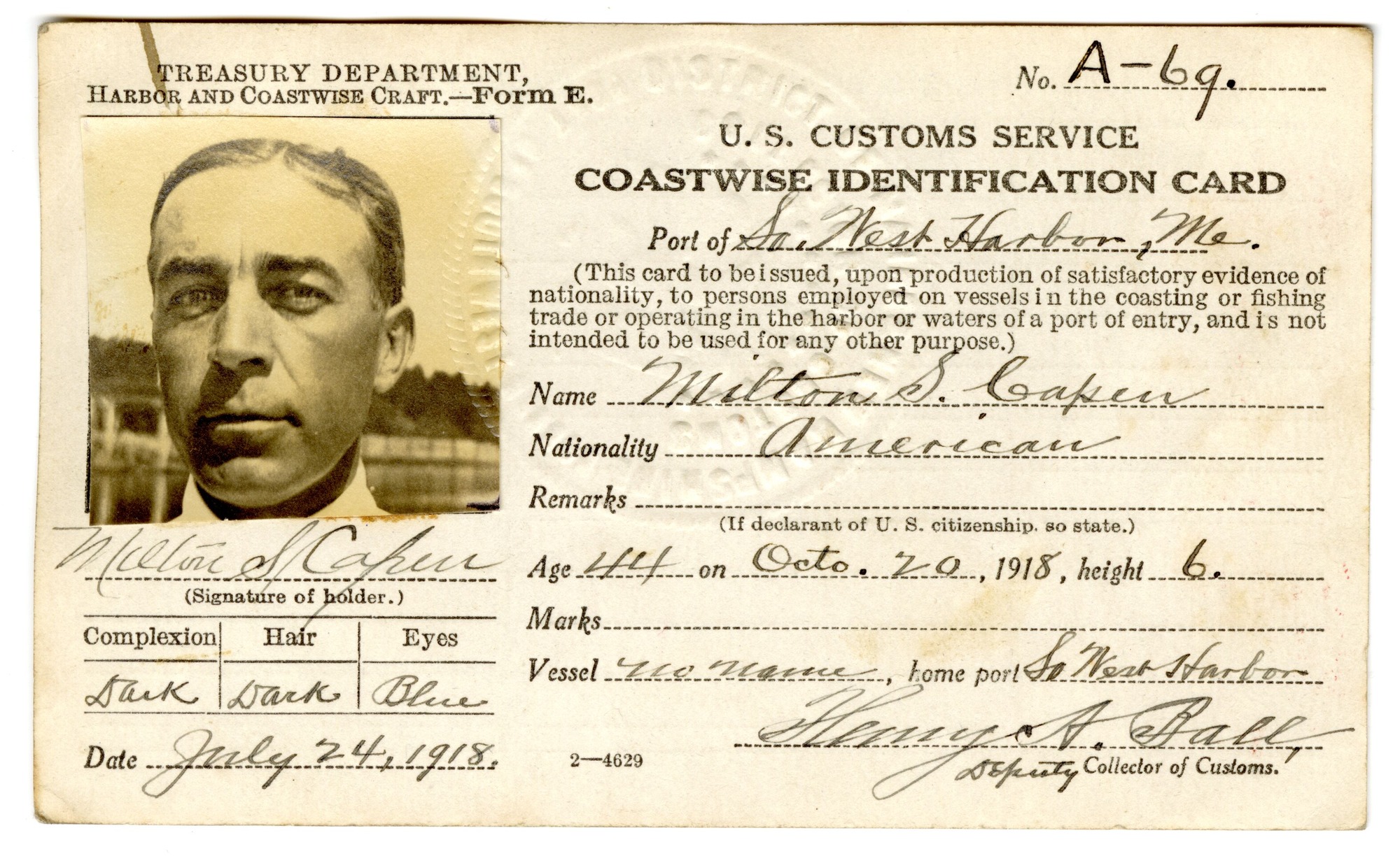 Milton S. Capen 1918 Coastwise Identification Card