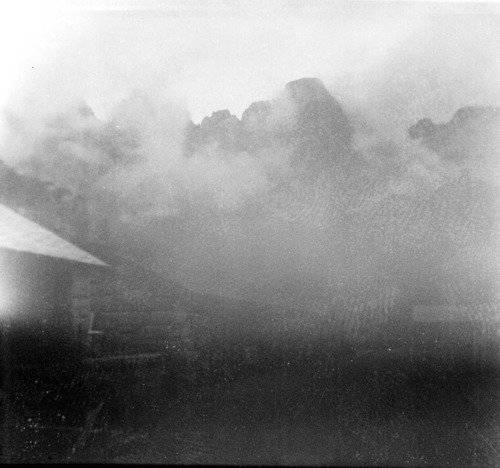 BW photo of rock slide in the maintenance yard.