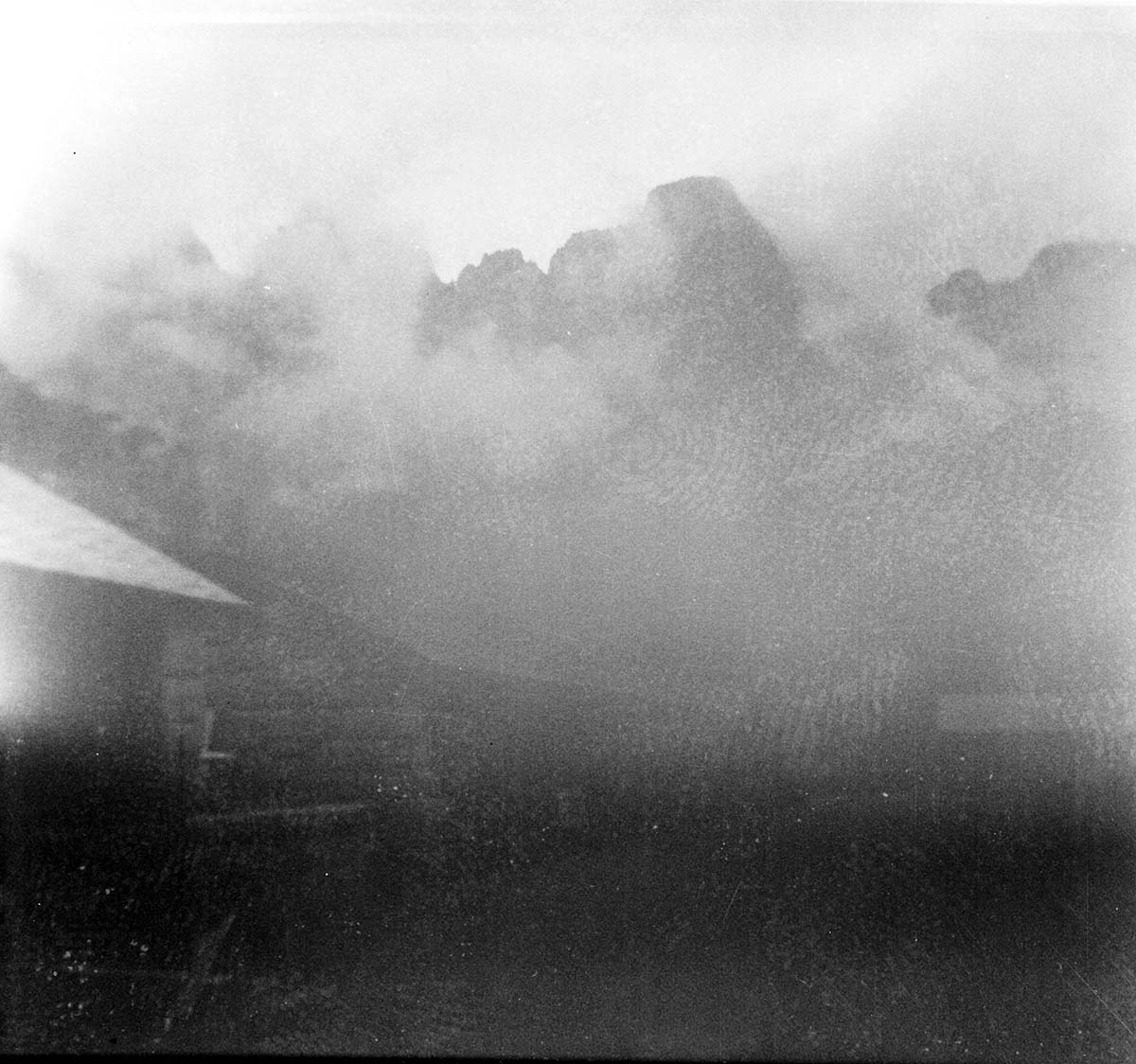 BW photo of rock slide in the maintenance yard.