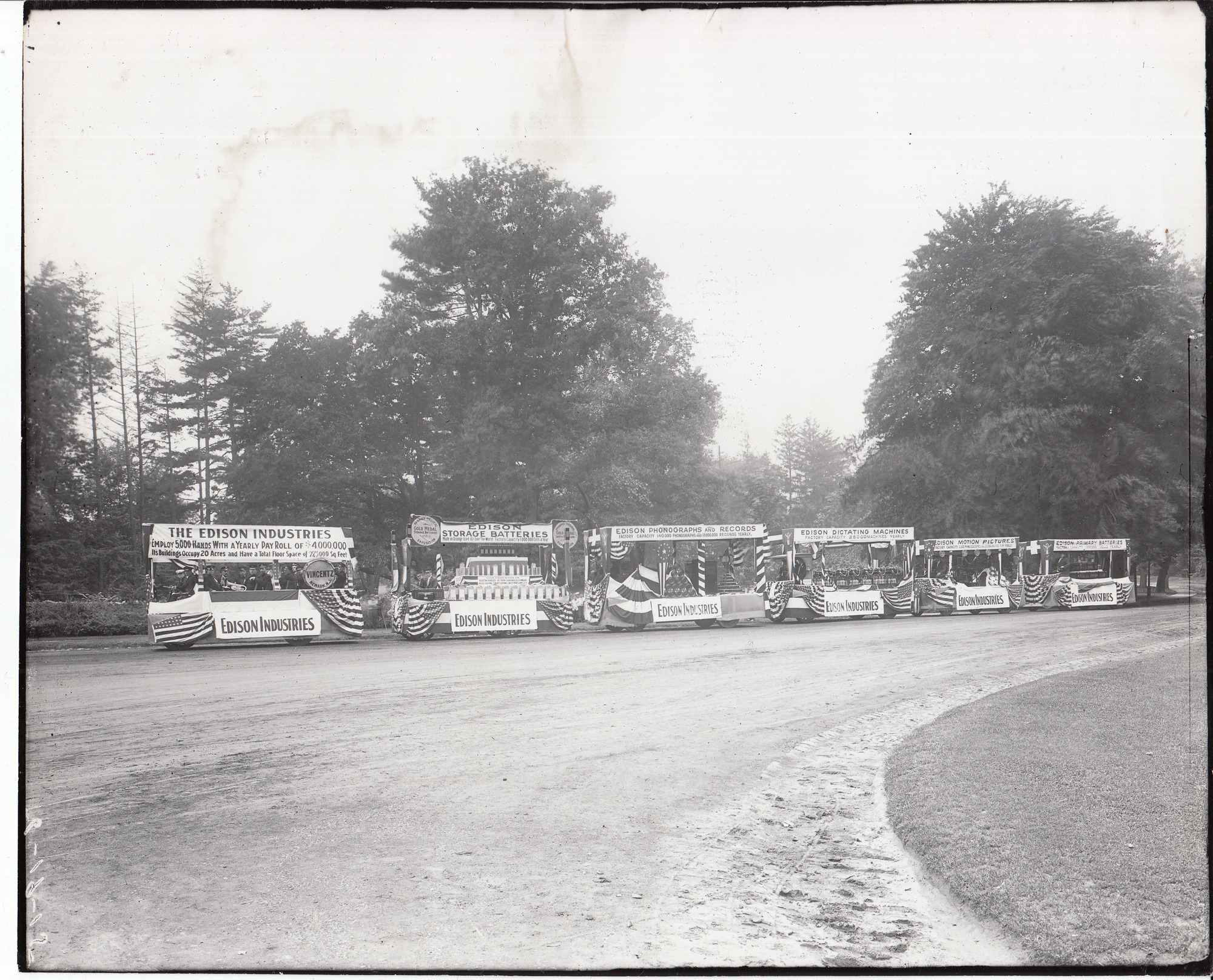 Parade float sponsored by Thomas A. Edison Industries, Inc.