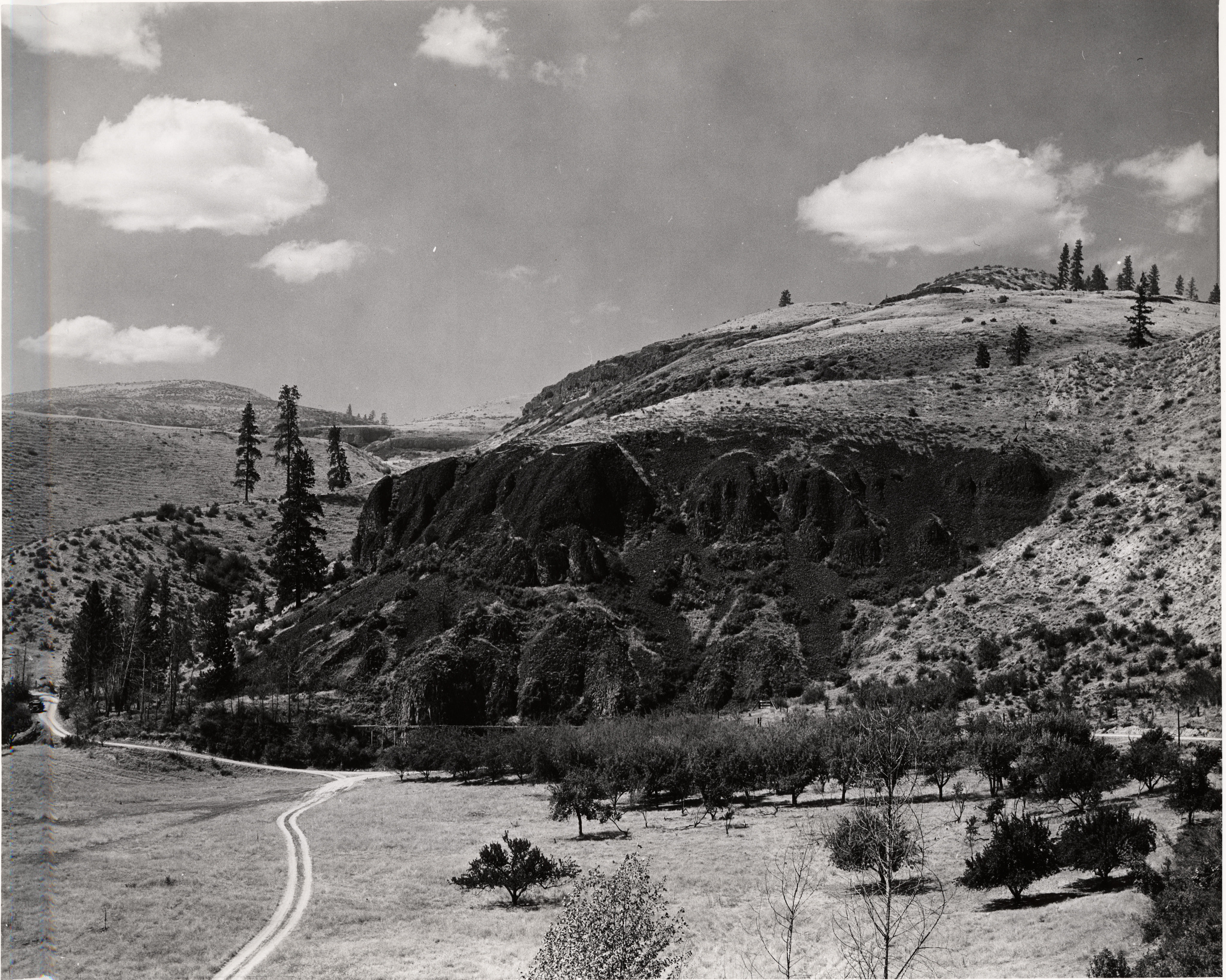 Black and white photograph of steep dark cliffs with a clearing, orchard, and road at the base