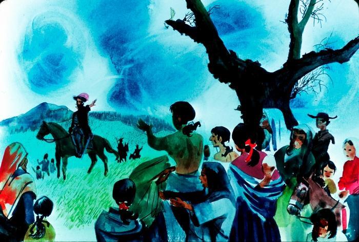 A watercolor painting of the Anza expedition arriving at an indigenous community and Anza speaks to a man on a horse