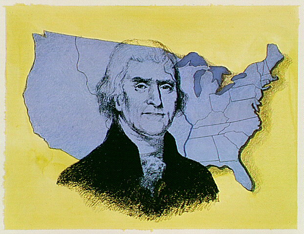 Portrait of Thomas Jefferson superimposed over a map of North America.