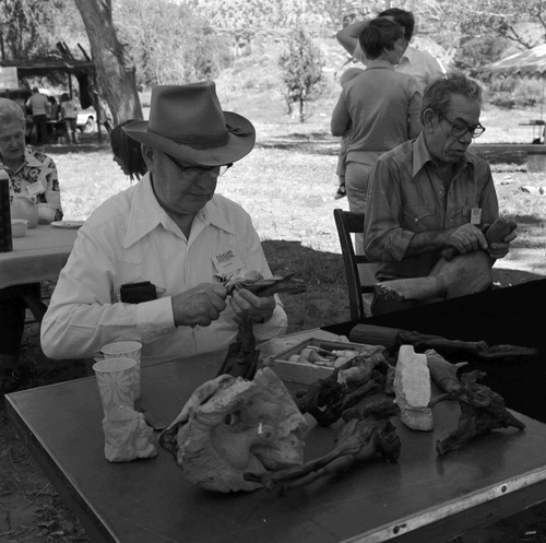 Bill Miller (right) and Leo Fesler (left) carving at the first annual Folklife Festival, Zion National Park Nature Center, September 7-8, 1977.