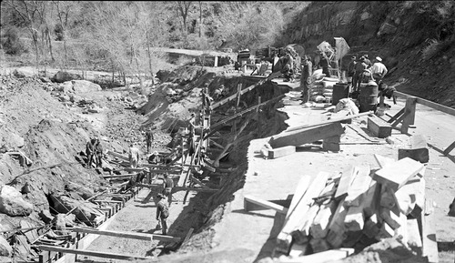 Repair of damage to park road at the hog wall near mount of Birch Creek on Virgin River.