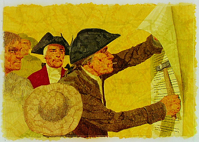 Colonial man nailing a document onto a wall.