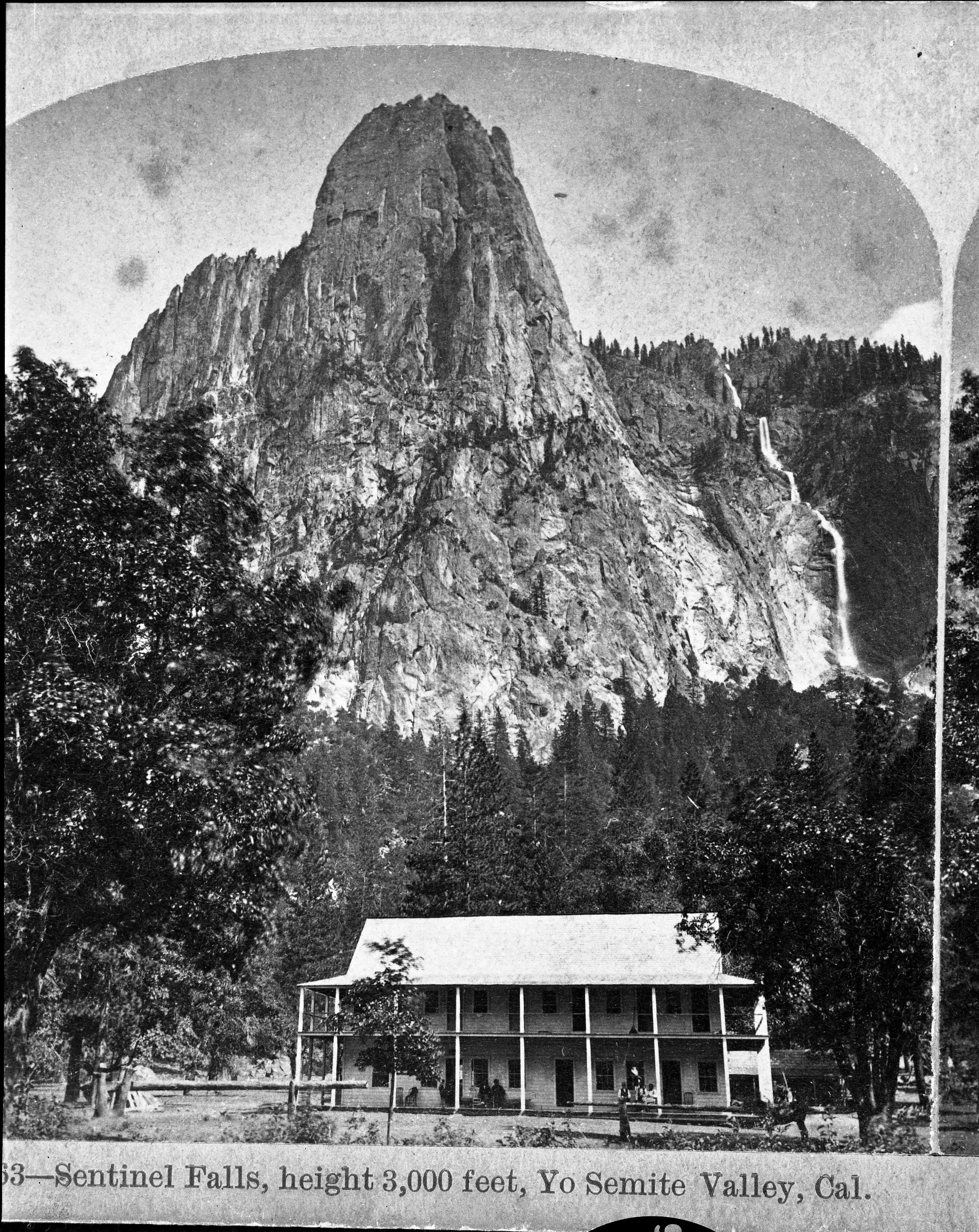 Copy Neg: Michael Dixon, July 1985. [1/2 stereo #563]. Detail of stereo RL-16,468. Caption: "No. 563 - Sentinel Falls, height 3,000 feet, Yosemite Valley, Cal." Leidig's Hotel.