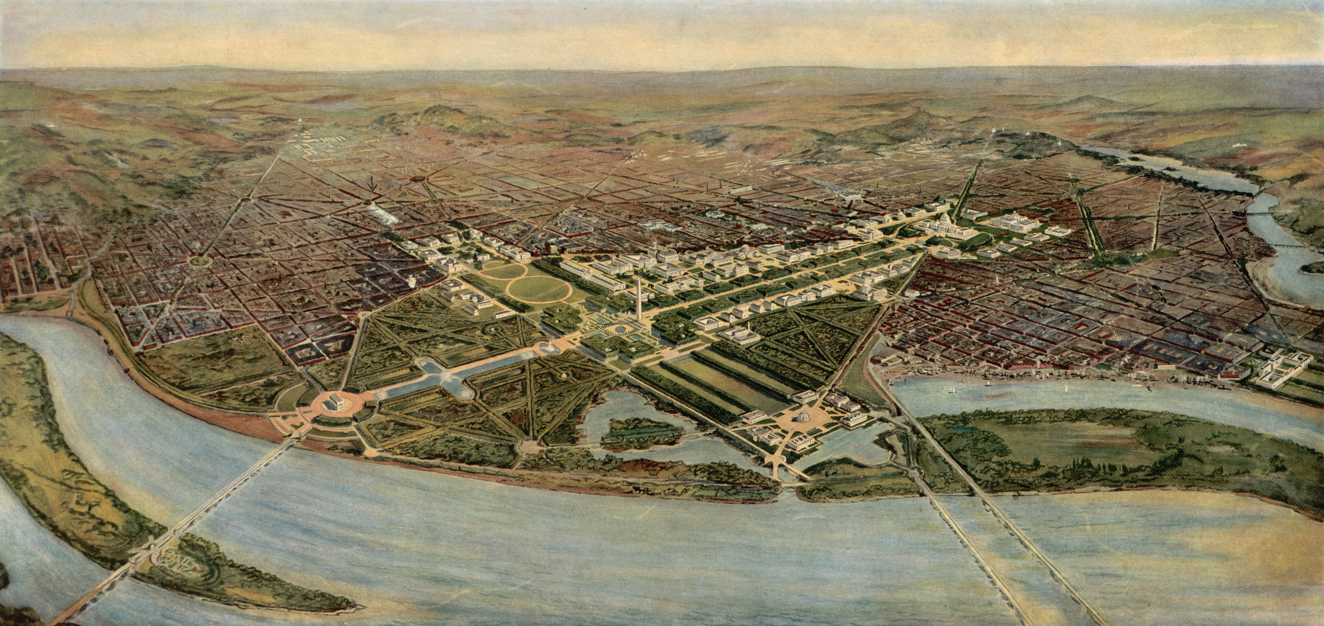 Rendering is a bird's eye view from approximately Arlington National Cemetery showing the area of the National Mall as envisioned by the 1901 McMillan Plan, showing monuments, gardens, and public buildings.