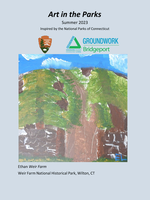 Blue sky, green tree with large brown trunk. ."Ethan. Weir Farm" "Weir Farm National Historical Park"