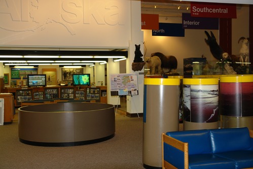 A photo of the entire Anchorage Alaska Public Lands Information Center exhibit area