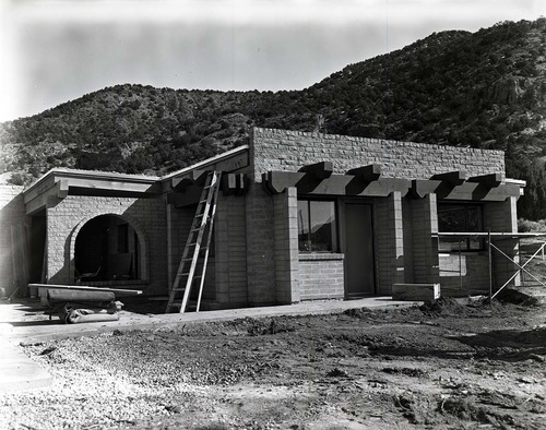 Scaffolding and supplies around the Kolob Canyons Visitor Center during its construction.