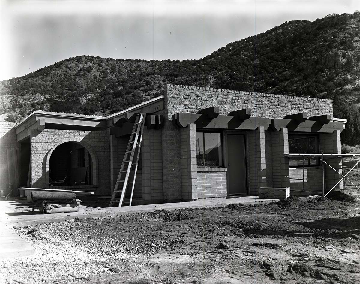 Scaffolding and supplies around the Kolob Canyons Visitor Center during its construction.
