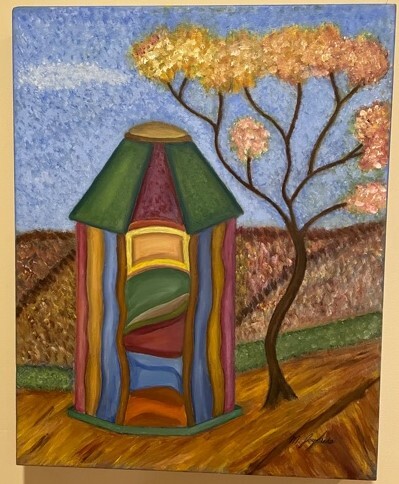 A painting of multicolor shed, with a yellow window.