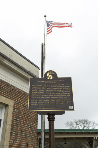 A metal sign saying Souther Railways Station Attack January 2, 1961, Anniston Civil Rights Trail