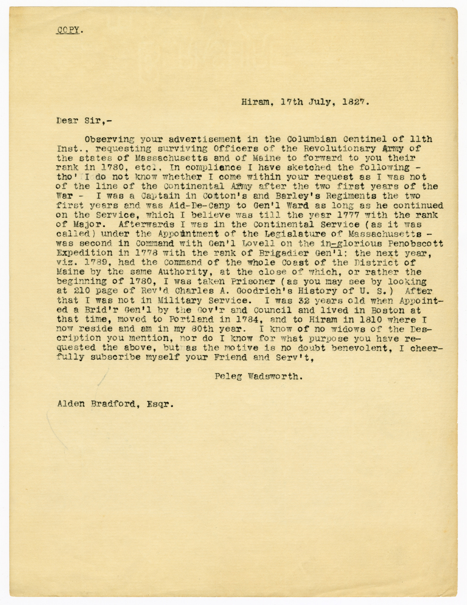 Typed copy of 1827 letter