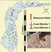 Map of Slick George Dinosaur Tracksite, Glen Canyon National Recreation Area. Two photographs show the locations of crack monitors. 