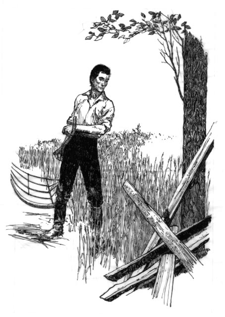 A young Abraham Lincoln harvesting wheat using a cradle scythe.