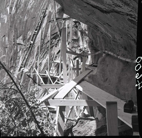 Scaffolding and crew member used in the upgrade of water system at Temple of Sinawava.