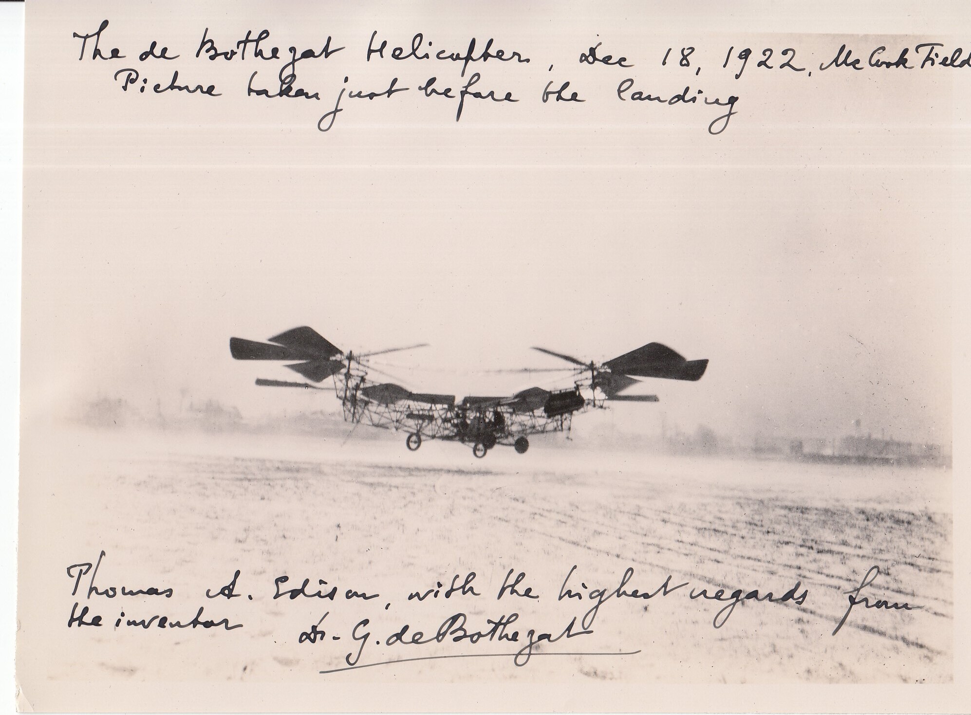 Helicopter designed by George de Bothezat, about to land at McCook field.