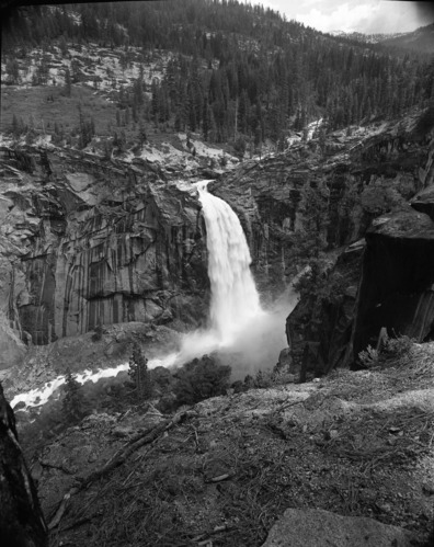 Illilouette Fall. From cliff down gorge, wide angle lens.