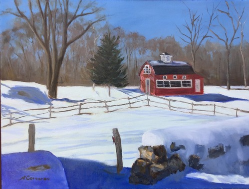 A painting of a red outbuilding in the winter with snow on the ground and covering the stone walls.
