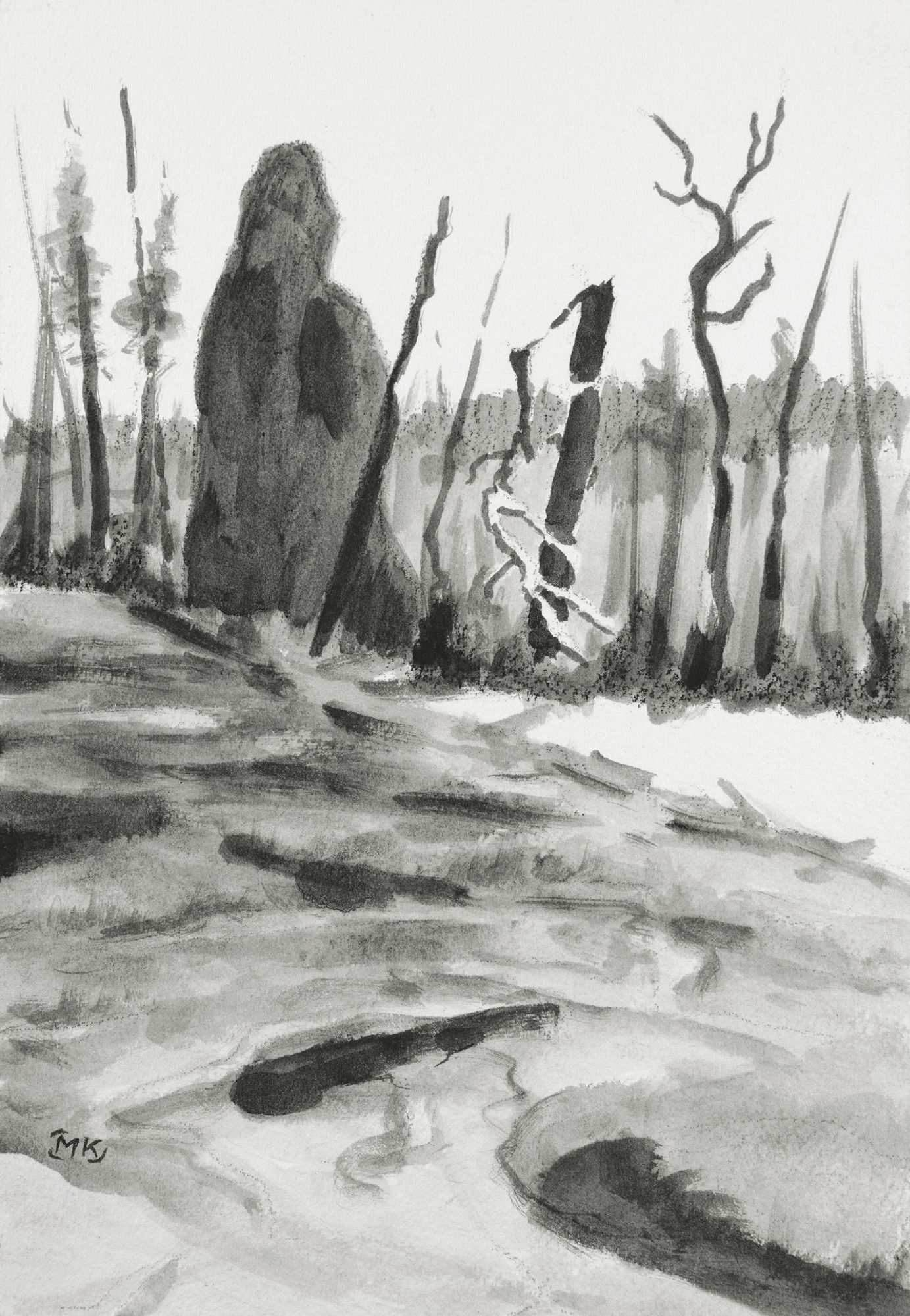 A black and white sketch of a large boulder protruding from a burnt forest.