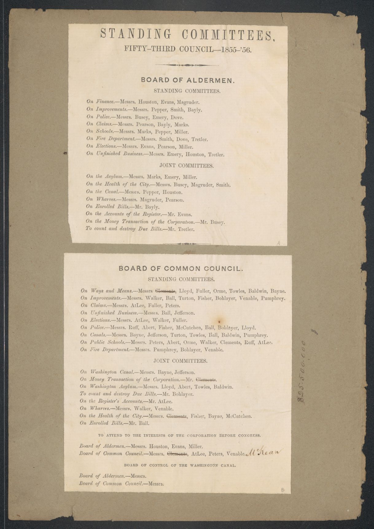Green scrapbook page containing two lists of people on standing committees in 1855-56.