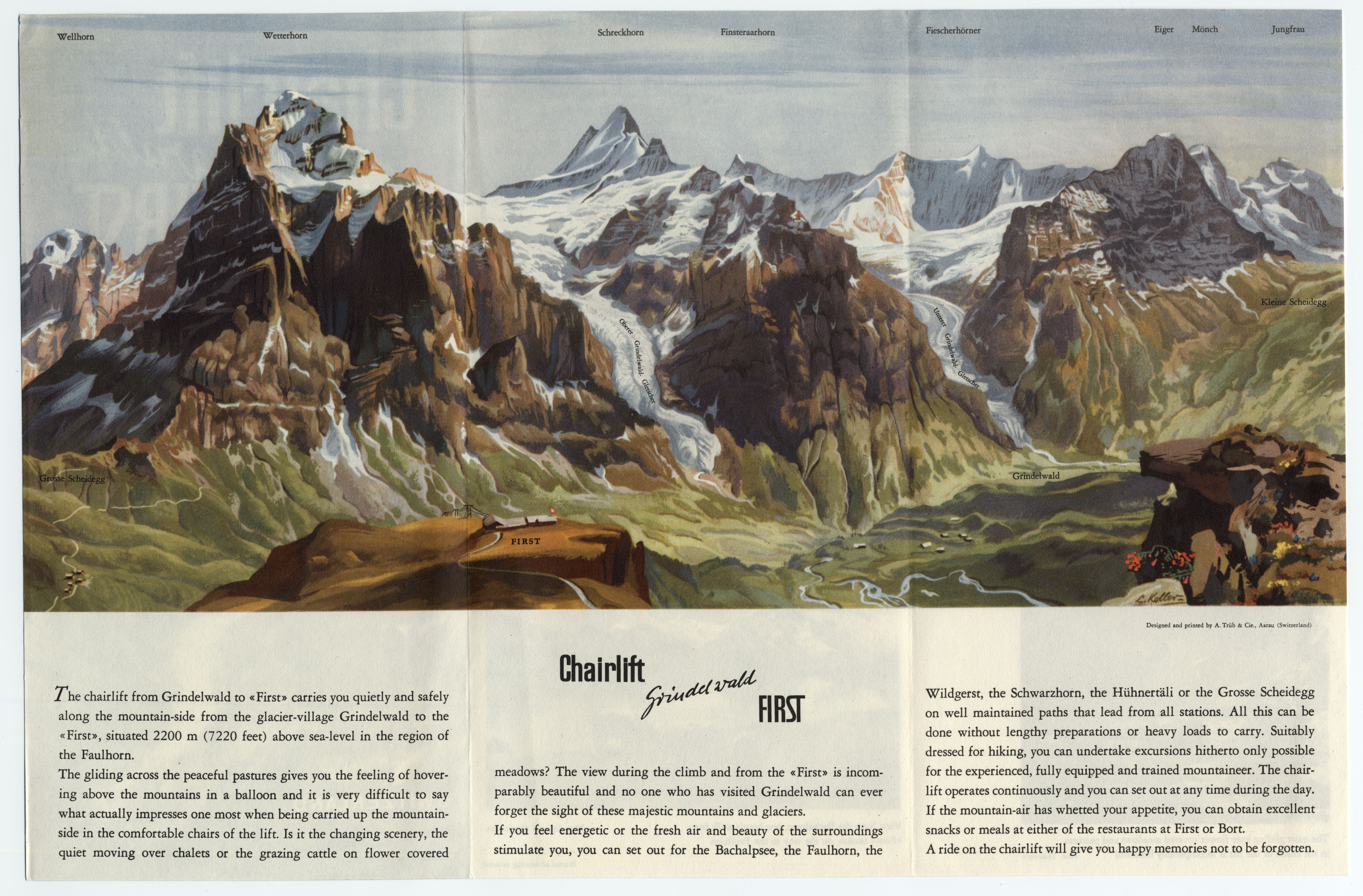 A trifold brochure that includes black and white photos and colored illustrations of the chairlift and the scenery of Grindlewald.