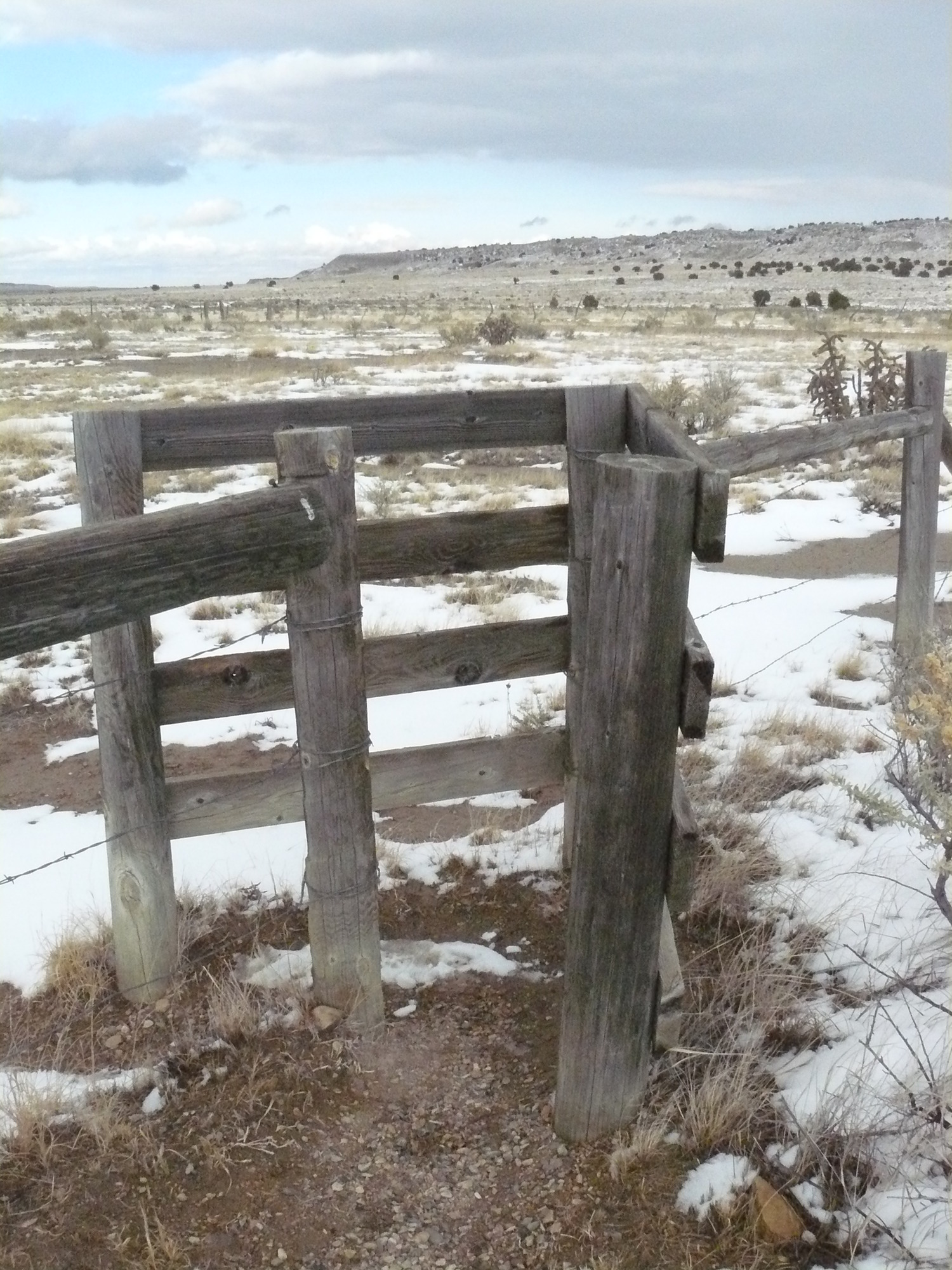 A wooden fence frames a view of a snowy grassland with cloudy skies above.