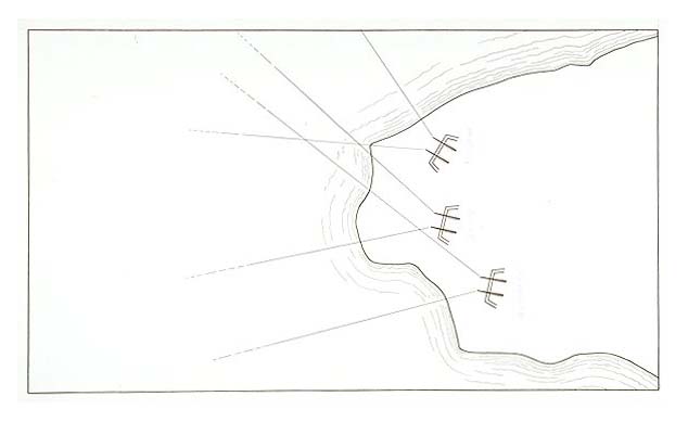 Map showing the three locations of the Fort Washington's 10-inch rifle (gun) positions, Humphreys, Emery and Decatur Batteries, and their fields of overlapping fire.