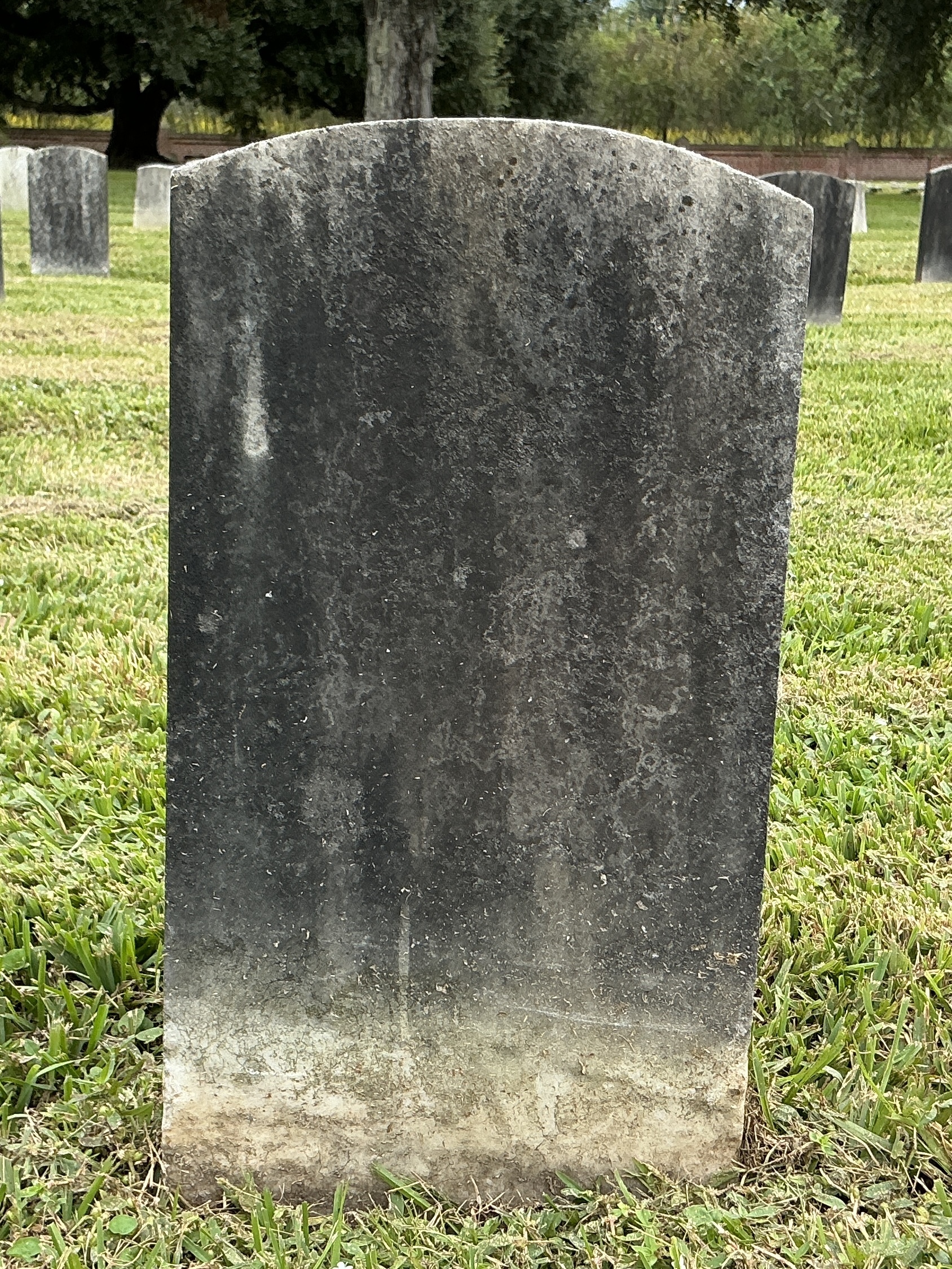 Back of historic upright marble headstone with recessed shield face.