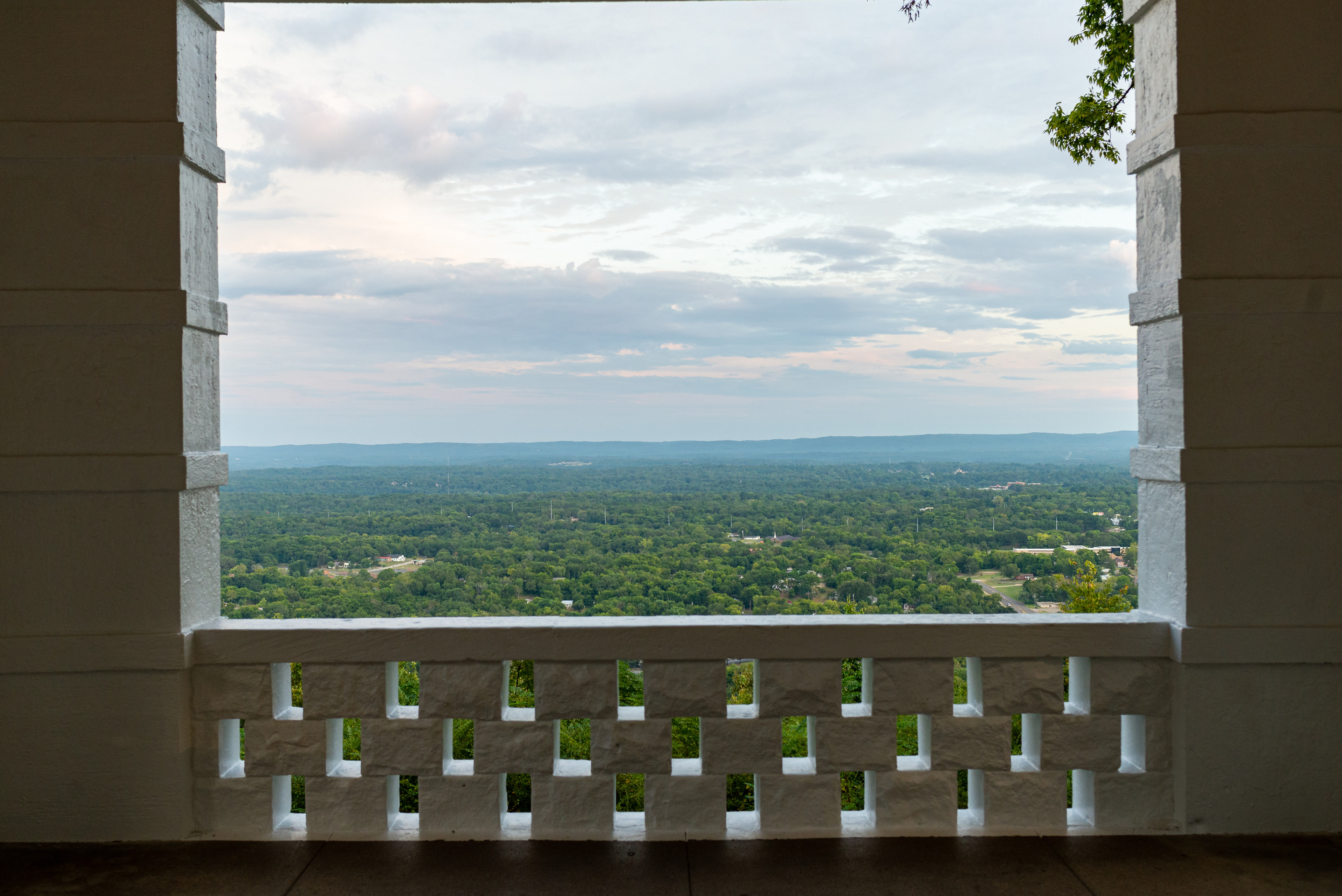 White stone outlines a square view looking over the valley of Hot Springs.