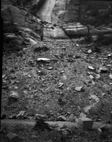 Rock slide along park road above Grotto Campground, looking up canyon.