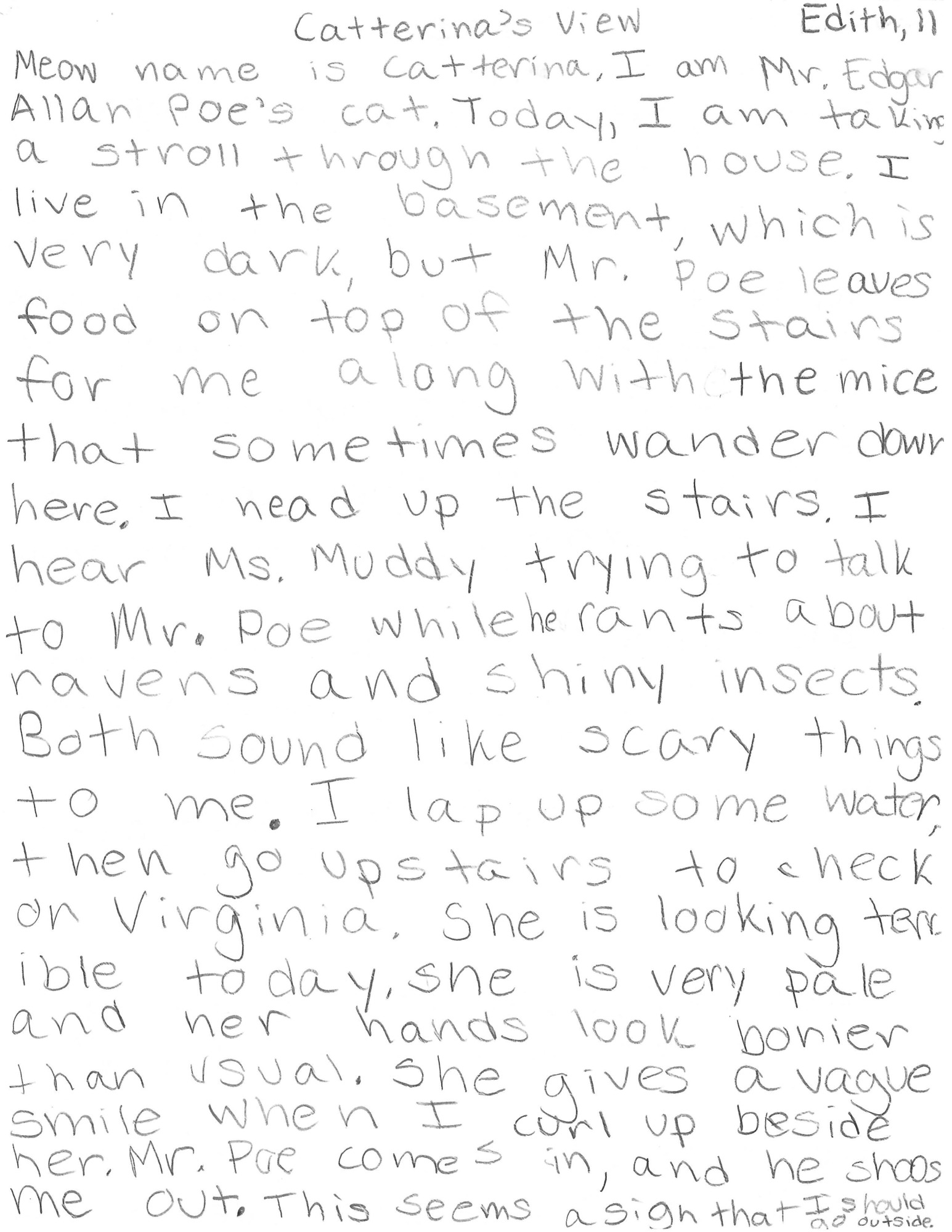 Black text on white paper shows a paragraph titled "Catterina's View."  The text tells the story of Poe's cat as the cat explores the house.