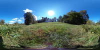 Spherical image of a white house and line of flowers