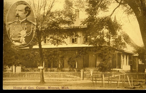 Custer Home in Monroe,  Michigan with Oval Inset of George Armstrong Custer in Dress Uniform in Upper Left Corner