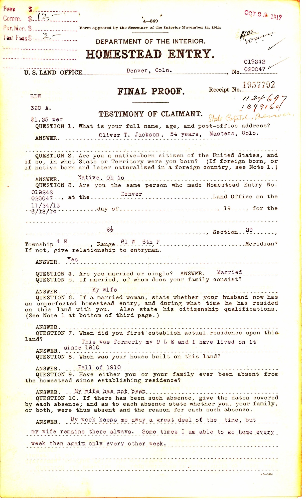 Scanned image of a Homestead final proof form. See description for text.