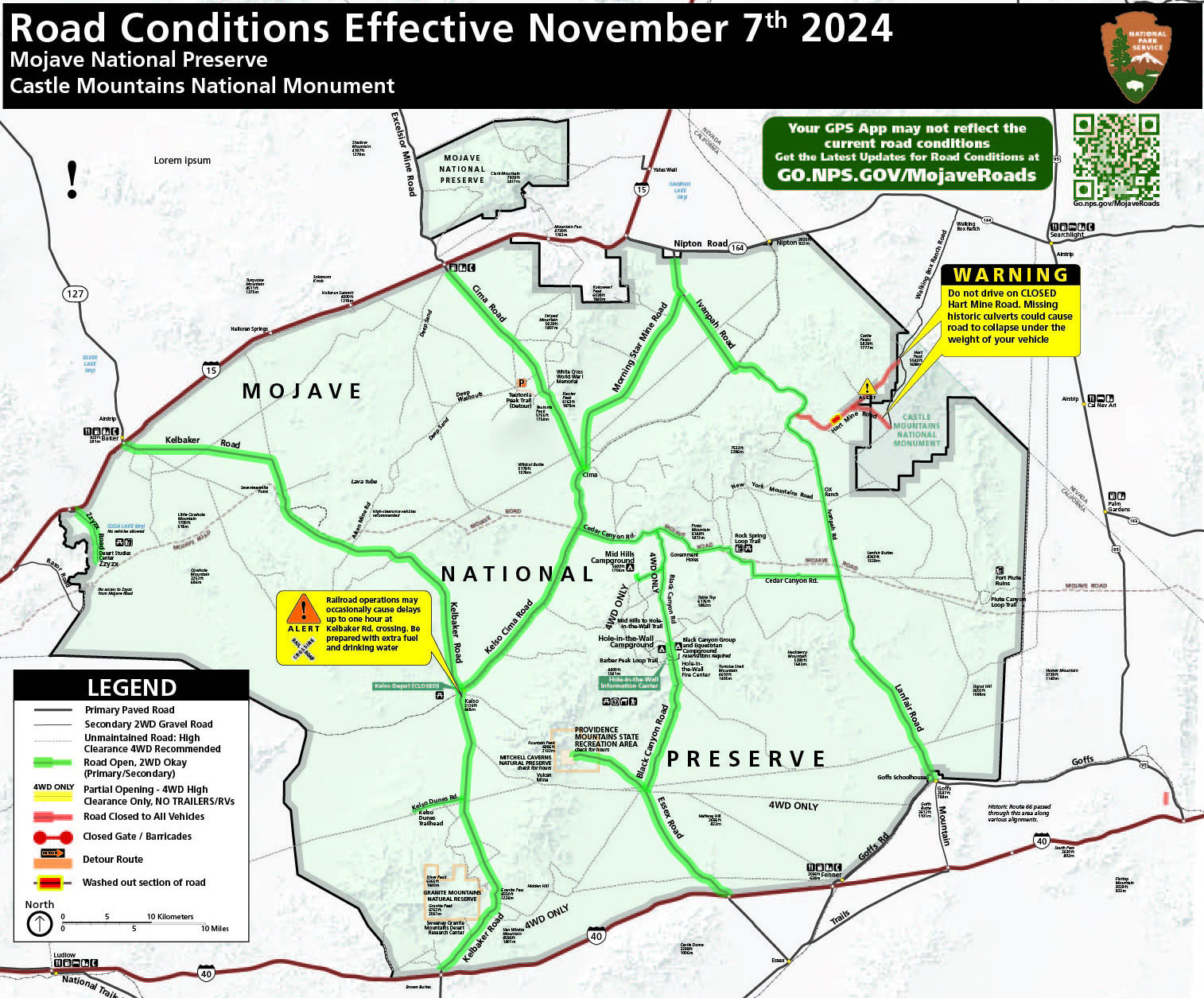 Road Conditions Effective November 7th 2024 Mojave National Preserve.