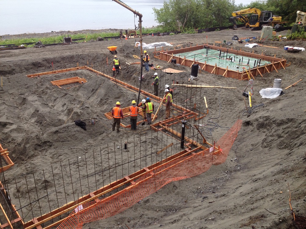 Pouring concrete into the forms