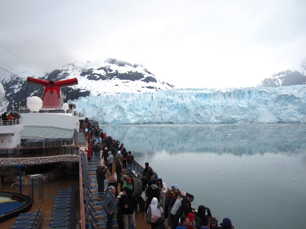 Cruise ship at the face of Margerie Glacier.