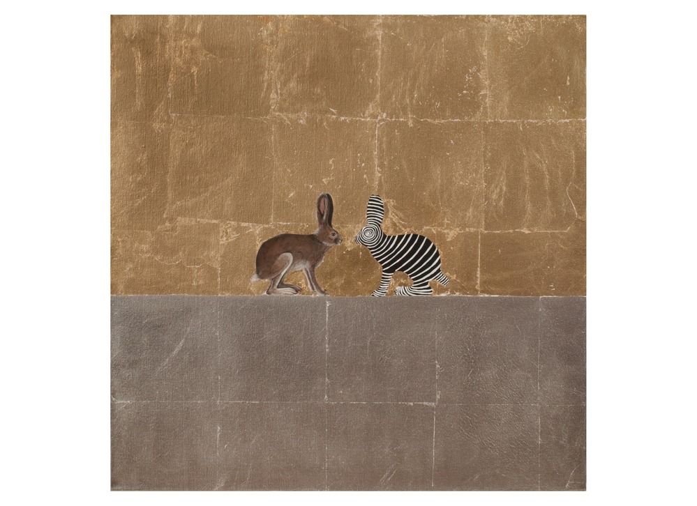 acrylic painting of a snowshoe hare and zebra-colored rabbit thing