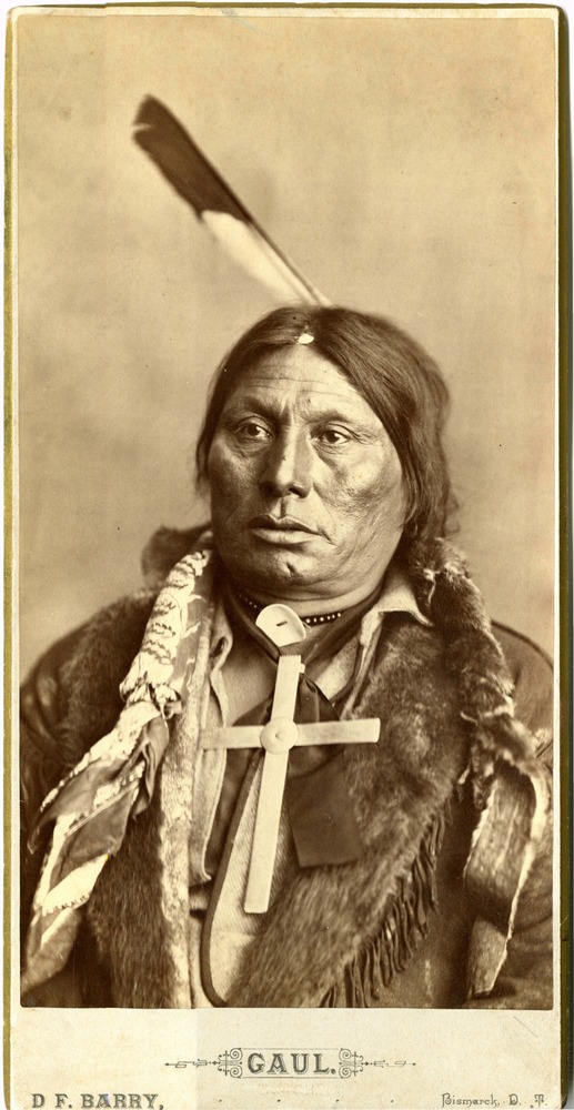 An albumen photograph mounted on a gilded edge on board; depicts a bust view of Chief Gall