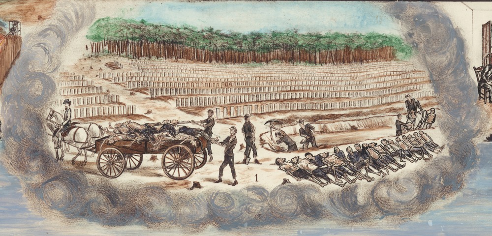 Detail illustration showing the burial of Union prisoners of war.