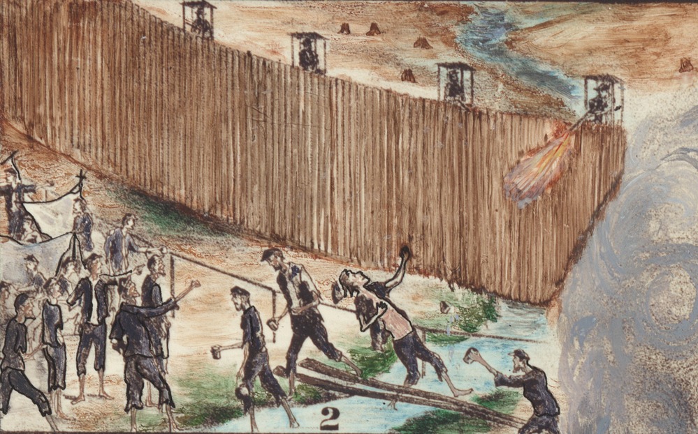 Detail illustration of prisoners in a creek getting water; one is shot for crossing the dead line fence.