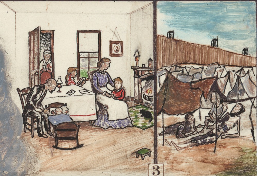 Detail illustration showing a Civil War era family at home and a prisoner at Camp Sumter, contrasting their conditions.