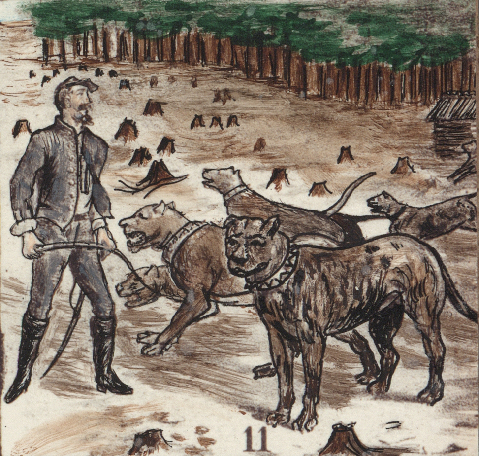 Captain Wirz and his pets. The Bloodhound Spot, in the foreground