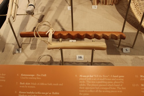 Bear growlers were instruments used to make a rasping sound during the Bear Dance in the spring. One end of the notched piece was placed against something hollow as the stick was run back forth over the notches.