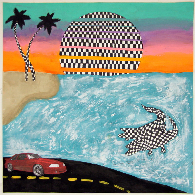 Black and white checkered crocodiles swim near palm trees, a car and the sun